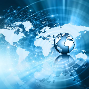 En iyi Internet kavramı küresel iş. Küre, teknolojik arka plan üzerinde parlak çizgiler. Elektronik, Wi-Fi, ışınları, simge Internet, televizyon, telefon ve uydu communicationsblue bulanıklık
