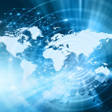 Dünya Haritası üzerinde teknolojik bir arka plan, parlak çizgiler semboller Internet, radyo, televizyon, telefon ve uydu iletişim.