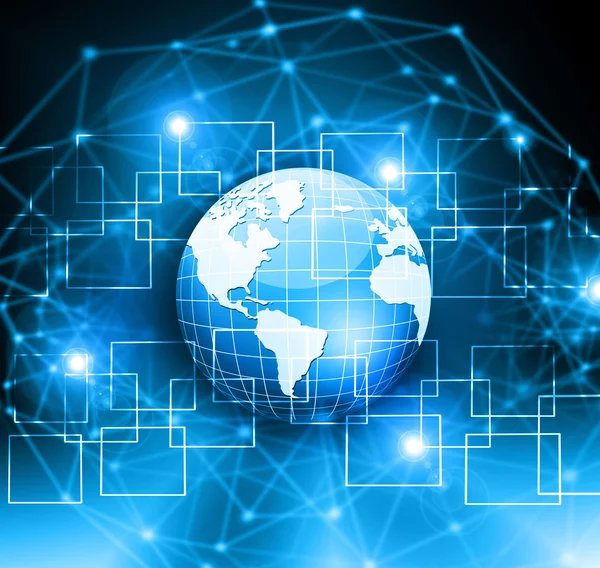 Mejor Concepto de Internet de los negocios globales. Globo, líneas brillantes en el fondo tecnológico. Electrónica, Wi-Fi, rayos, símbolos Internet, televisión, comunicaciones móviles y por satéliteazul desenfoque — Foto de Stock