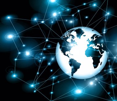 En iyi Internet kavramı küresel iş. Küre, teknolojik arka plan üzerinde parlak çizgiler. Elektronik, Wi-Fi, ışınları, simge Internet, televizyon, telefon ve uydu communicationsblue bulanıklık