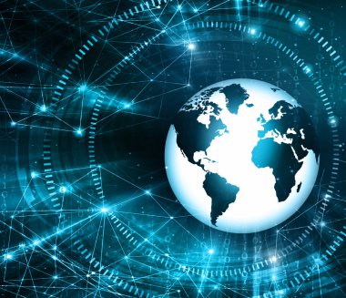 En iyi Internet kavramı küresel iş. Küre, teknolojik arka plan üzerinde parlak çizgiler. Elektronik, Wi-Fi, ışınları, simge Internet, televizyon, telefon ve uydu communicationsblue bulanıklık