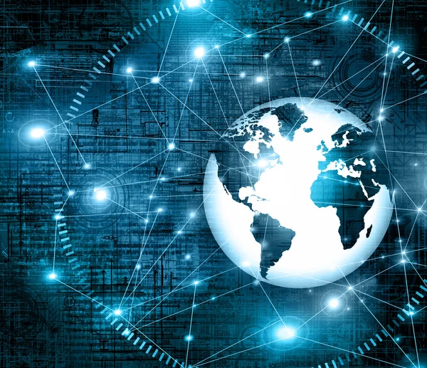 Mejor Concepto de Internet de los negocios globales. Globo, líneas brillantes en el fondo tecnológico. Electrónica, Wi-Fi, rayos, símbolos Internet, televisión, comunicaciones móviles y por satéliteazul desenfoque —  Fotos de Stock