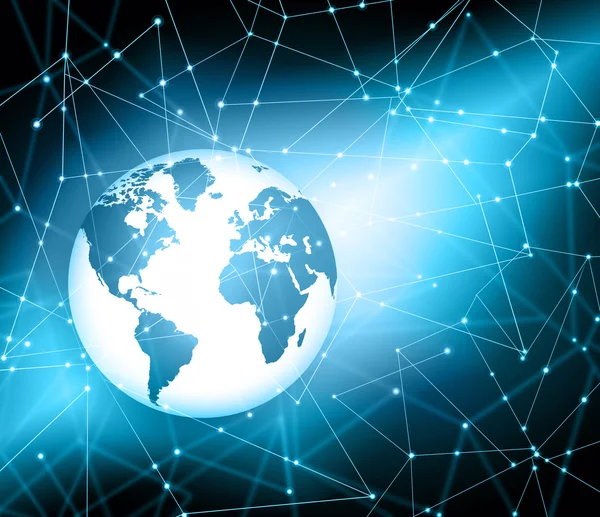 Лучший интернет-проект глобального бизнеса. Глобус, светящиеся линии на технологическом фоне. Синим размытием синего цвета отмечены смартфоны, Wi-Fi, интернет, телевидение, мобильная и спутниковая связь. — стоковое фото