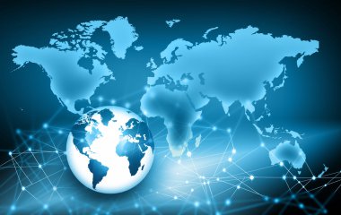En iyi Internet kavramı küresel iş. Küre, teknolojik arka plan üzerinde parlak çizgiler. Elektronik, Wi-Fi, ışınları, simge Internet, televizyon, telefon ve uydu communicationsblue bulanıklık