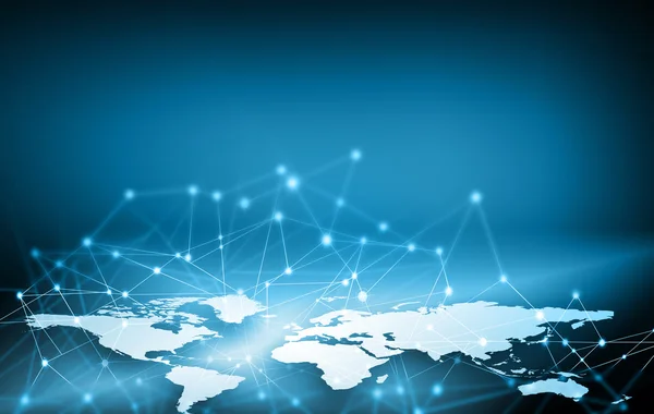 Mapa del mundo sobre un fondo tecnológico, líneas luminosas símbolos de Internet, radio, televisión, comunicaciones móviles y por satélite . — Foto de Stock