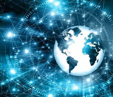 En iyi Internet kavramı küresel iş. Küre, teknolojik arka plan üzerinde parlak çizgiler. Elektronik, Wi-Fi, ışınları, simge Internet, televizyon, telefon ve uydu communicationsblue bulanıklık