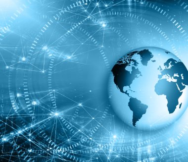 En iyi Internet kavramı küresel iş. Küre, teknolojik arka plan üzerinde parlak çizgiler. Elektronik, Wi-Fi, ışınları, simge Internet, televizyon, telefon ve uydu communicationsblue bulanıklık