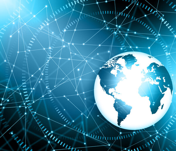 Лучший интернет-проект глобального бизнеса. Глобус, светящиеся линии на технологическом фоне. Синим размытием синего цвета отмечены смартфоны, Wi-Fi, интернет, телевидение, мобильная и спутниковая связь.
