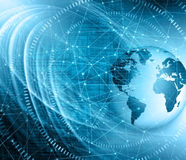 En iyi Internet kavramı küresel iş. Küre, teknolojik arka plan üzerinde parlak çizgiler. Elektronik, Wi-Fi, ışınları, simge Internet, televizyon, telefon ve uydu communicationsblue bulanıklık