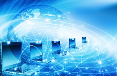 En iyi Internet kavramı küresel iş. Küre, teknolojik arka plan üstünde laptop. Elektronik, Wi-Fi, ışınları, simge Internet, televizyon iletişim