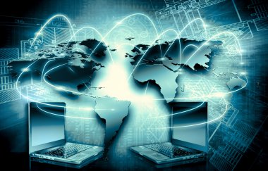 En iyi Internet kavramı küresel iş kavramları serisi. Teknolojik altyapı. Elektronik, parlak çizgiler ve ışınları, sembolleri internet, radyo, televizyon, telefon ve uydu iletişim