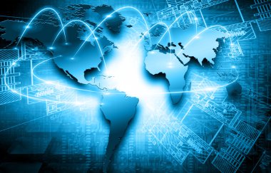 En iyi Internet kavramı küresel iş kavramları serisi. Teknolojik altyapı. Elektronik, parlak çizgiler ve ışınları, sembolleri internet, radyo, televizyon, telefon ve uydu iletişim