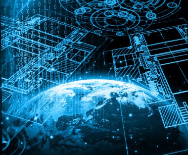 En iyi Internet kavramı küresel iş kavramları serisi. Teknolojik altyapı. Elektronik, parlak çizgiler ve ışınları, sembolleri internet, radyo, televizyon, telefon ve uydu iletişim