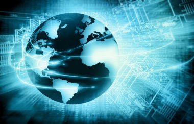 En iyi Internet kavramı küresel iş kavramları serisi. Teknolojik altyapı. Elektronik, parlak çizgiler ve ışınları, sembolleri internet, radyo, televizyon, telefon ve uydu iletişim