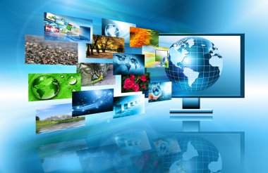 Best Internet Concept of global business. Globe and glowing lines on technological background. Electronics, Wi-Fi, rays, symbols Internet, television, mobile and satellite communications