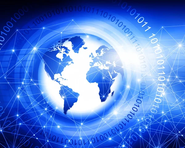 Mejor Concepto de Internet de los negocios globales. Globo y líneas brillantes en el fondo tecnológico. Electrónica, Wi-Fi, rayos, símbolos Internet, televisión, comunicaciones móviles y por satélite —  Fotos de Stock