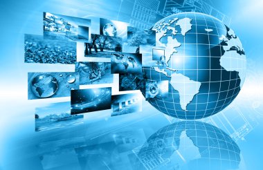 Best Internet Concept of global business. Globe and glowing lines on technological background. Electronics, Wi-Fi, rays, symbols Internet, television, mobile and satellite communications
