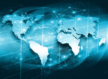 Dünya harita üzerinde teknolojik bir arka plan, parlak çizgiler semboller Internet, radyo, televizyon, telefon ve uydu iletişim. Küresel iş en iyi Internet kavramı