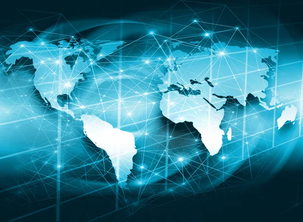 Mappa del mondo su sfondo tecnologico, linee luminose simboli di Internet, radio, televisione, comunicazioni mobili e satellitari. Miglior concetto Internet di business globale — Foto Stock