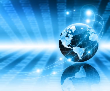 Best Internet Concept of global business. Globe and glowing lines on technological background. Electronics, Wi-Fi, rays, symbols Internet, television, mobile and satellite communications