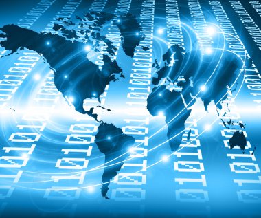 Dünya harita üzerinde teknolojik bir arka plan, parlak çizgiler semboller Internet, radyo, televizyon, telefon ve uydu iletişim. Küresel iş en iyi Internet kavramı