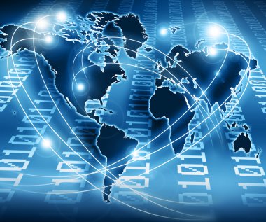 Dünya harita üzerinde teknolojik bir arka plan, parlak çizgiler semboller Internet, radyo, televizyon, telefon ve uydu iletişim. Küresel iş en iyi Internet kavramı