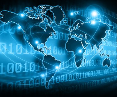 Dünya harita üzerinde teknolojik bir arka plan, parlak çizgiler semboller Internet, radyo, televizyon, telefon ve uydu iletişim. Küresel iş en iyi Internet kavramı