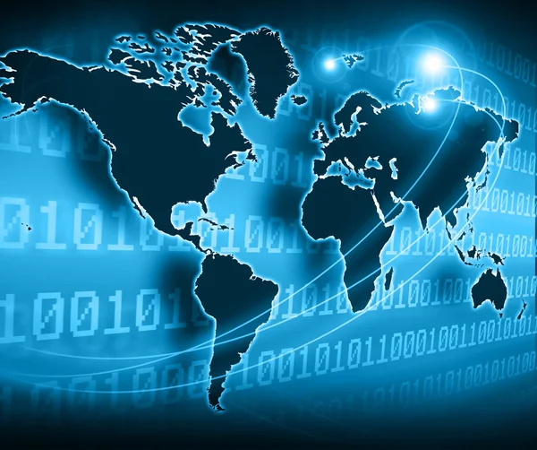 Mapa del mundo sobre un fondo tecnológico, líneas brillantes símbolos de Internet, radio, televisión, comunicaciones móviles y por satélite. Mejor Concepto de Internet de los negocios globales — Foto de Stock