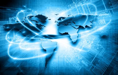 Dünya harita üzerinde teknolojik bir arka plan, parlak çizgiler semboller Internet, radyo, televizyon, telefon ve uydu iletişim. Küresel iş en iyi Internet kavramı