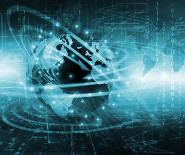Global iş dünyasının en iyi internet kavramı. Küre, teknolojik arka planda parlayan çizgiler. Elektronik, Wi-Fi, ışınları, sembolleri İnternet, televizyon, mobil ve uydu iletişimi