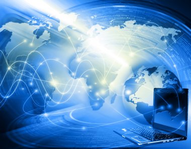Global iş dünyasının en iyi internet kavramı. Küre, teknolojik arka planda parlayan çizgiler. Elektronik, Wi-Fi, ışınları, sembolleri İnternet, televizyon, mobil ve uydu iletişimi