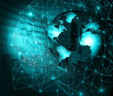 Global iş dünyasının en iyi internet kavramı. Küre, teknolojik arka planda parlayan çizgiler. Elektronik, Wi-Fi, ışınları, sembolleri İnternet, televizyon, mobil ve uydu iletişimi