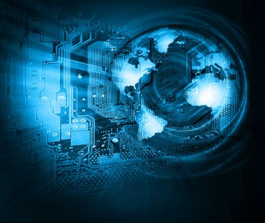 Global iş dünyasının en iyi internet kavramı. Küre, teknolojik arka planda parlayan çizgiler. Elektronik, Wi-Fi, ışınları, sembolleri İnternet, televizyon, mobil ve uydu iletişimi