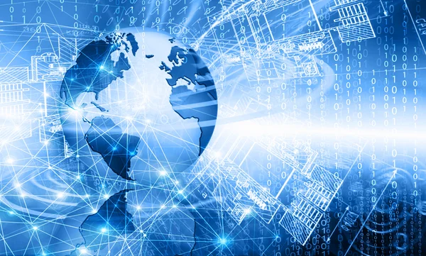 Global iş dünyasının en iyi internet kavramı. Küre, teknolojik arka planda parlayan çizgiler. Elektronik, Wi-Fi, ışınları, sembolleri İnternet, televizyon, mobil ve uydu iletişimi — Stok fotoğraf
