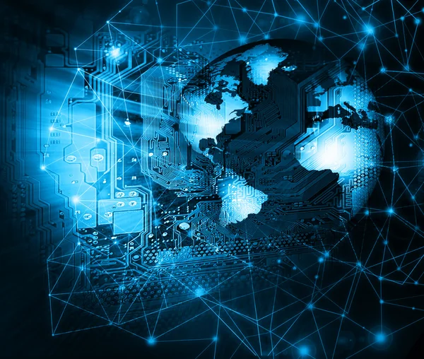 Global iş dünyasının en iyi internet kavramı. Küre, teknolojik arka planda parlayan çizgiler. Elektronik, Wi-Fi, ışınları, sembolleri İnternet, televizyon, mobil ve uydu iletişimi