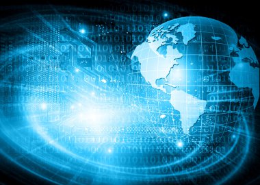 Global iş dünyasının en iyi internet kavramı. Küre, teknolojik arka planda parlayan çizgiler. Elektronik, Wi-Fi, ışınları, sembolleri İnternet, televizyon, mobil ve uydu iletişimi