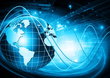 Global iş dünyasının en iyi internet kavramı. Küre, teknolojik arka planda parlayan çizgiler. Elektronik, Wi-Fi, ışınları, sembolleri İnternet, televizyon, mobil ve uydu iletişimi