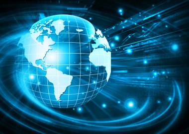 Global iş dünyasının en iyi internet kavramı. Küre, teknolojik arka planda parlayan çizgiler. Elektronik, Wi-Fi, ışınları, sembolleri İnternet, televizyon, mobil ve uydu iletişimi