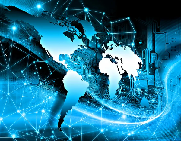 Mapa del mundo sobre un fondo tecnológico, líneas brillantes símbolos de Internet, radio, televisión, comunicaciones móviles y por satélite. Mejor Concepto de Internet de los negocios globales —  Fotos de Stock