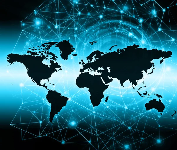 Mapa del mundo sobre un fondo tecnológico, líneas brillantes símbolos de Internet, radio, televisión, comunicaciones móviles y por satélite. Mejor Concepto de Internet de los negocios globales —  Fotos de Stock