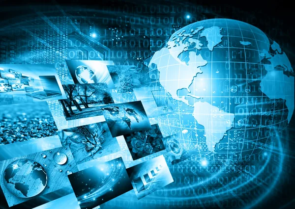 世界的なビジネスの最高のインターネットの概念。地球、技術的背景に輝くライン。電子機器、 Wi-Fi 、光線、シンボルインターネット、テレビ、モバイル、衛星通信 — ストック写真