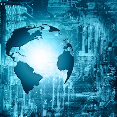 Global iş dünyasının en iyi internet kavramı. Küre, teknolojik arka planda parlayan çizgiler. Elektronik, Wi-Fi, ışınları, sembolleri İnternet, televizyon, mobil ve uydu iletişimi