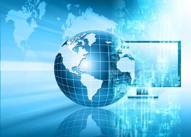 Global iş dünyasının en iyi internet kavramı. Küre, teknolojik arka planda parlayan çizgiler. Elektronik, Wi-Fi, ışınları, sembolleri İnternet, televizyon, mobil ve uydu iletişimi