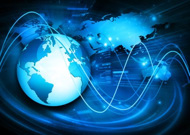Global iş dünyasının en iyi internet kavramı. Küre, teknolojik arka planda parlayan çizgiler. Elektronik, Wi-Fi, ışınları, sembolleri İnternet, televizyon, mobil ve uydu iletişimi