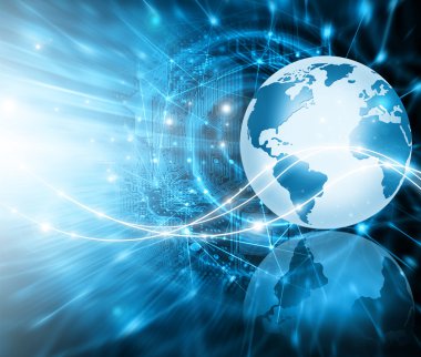 Global iş dünyasının en iyi internet kavramı. Küre, teknolojik arka planda parlayan çizgiler. Elektronik, Wi-Fi, ışınları, sembolleri İnternet, televizyon, mobil ve uydu iletişimi