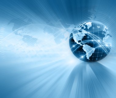 Global iş dünyasının en iyi internet kavramı. Küre, teknolojik arka planda parlayan çizgiler. Elektronik, Wi-Fi, ışınları, sembolleri İnternet, televizyon, mobil ve uydu iletişimi