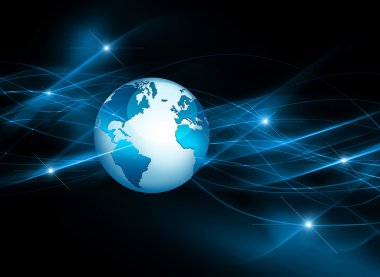 Global iş dünyasının en iyi internet kavramı. Küre, teknolojik arka planda parlayan çizgiler. Elektronik, Wi-Fi, ışınları, sembolleri İnternet, televizyon, mobil ve uydu iletişimi