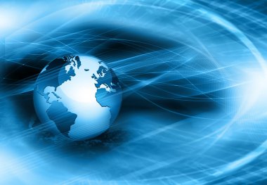 Global iş dünyasının en iyi internet kavramı. Küre, teknolojik arka planda parlayan çizgiler. Elektronik, Wi-Fi, ışınları, sembolleri İnternet, televizyon, mobil ve uydu iletişimi