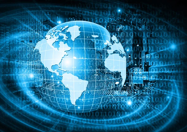 Miglior concetto Internet di business globale. Globe, linee luminose su sfondo tecnologico. Elettronica, Wi-Fi, raggi, simboli Internet, televisione, comunicazioni mobili e satellitari — Foto Stock