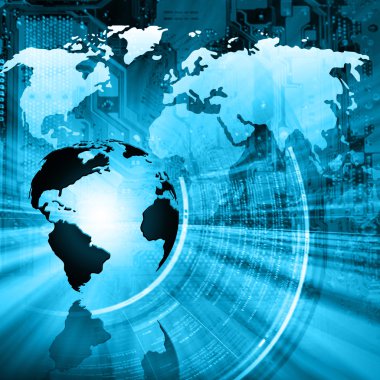 Global iş dünyasının en iyi internet kavramı. Küre, teknolojik arka planda parlayan çizgiler. Elektronik, Wi-Fi, ışınları, sembolleri İnternet, televizyon, mobil ve uydu iletişimi